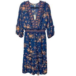 Max Studio London Women Blue Floral Pullover V-Neck 3 Tiered Midi Dress Size XL